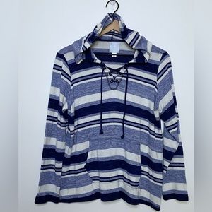 Sunday Brand Blue White Striped Lace Up Hoodie Pullover Sweater Large